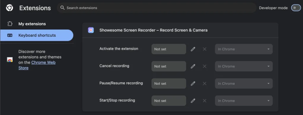 Not set — click the pencil next to each row to assign a shortcut