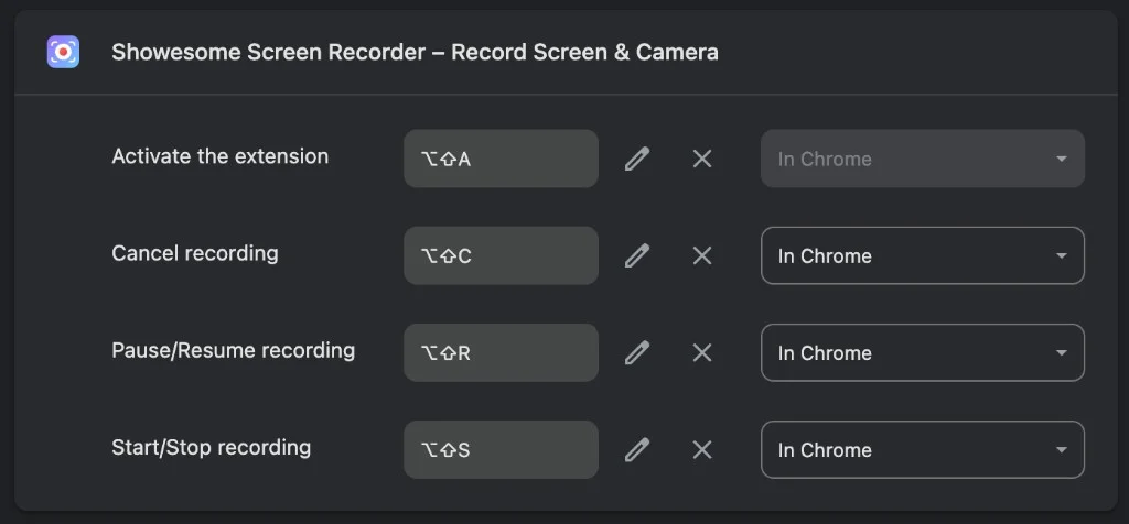 Configured — `Option+Shift` on Mac (`Alt+Shift` on Windows): S start/stop, R pause/resume, C cancel