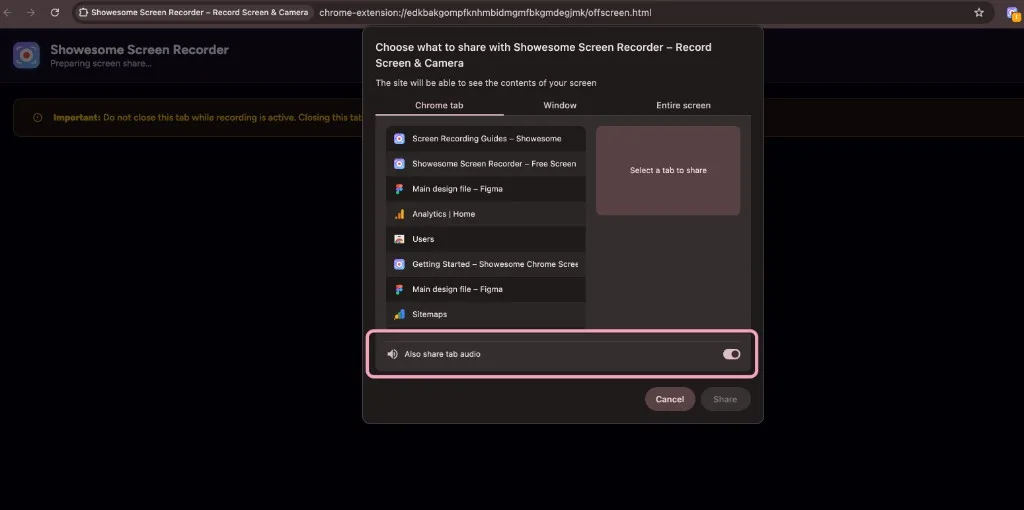 Chrome share dialog with Also share tab audio enabled for a tab capture