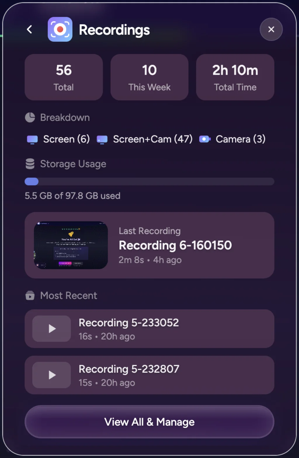 Recordings view in the popup