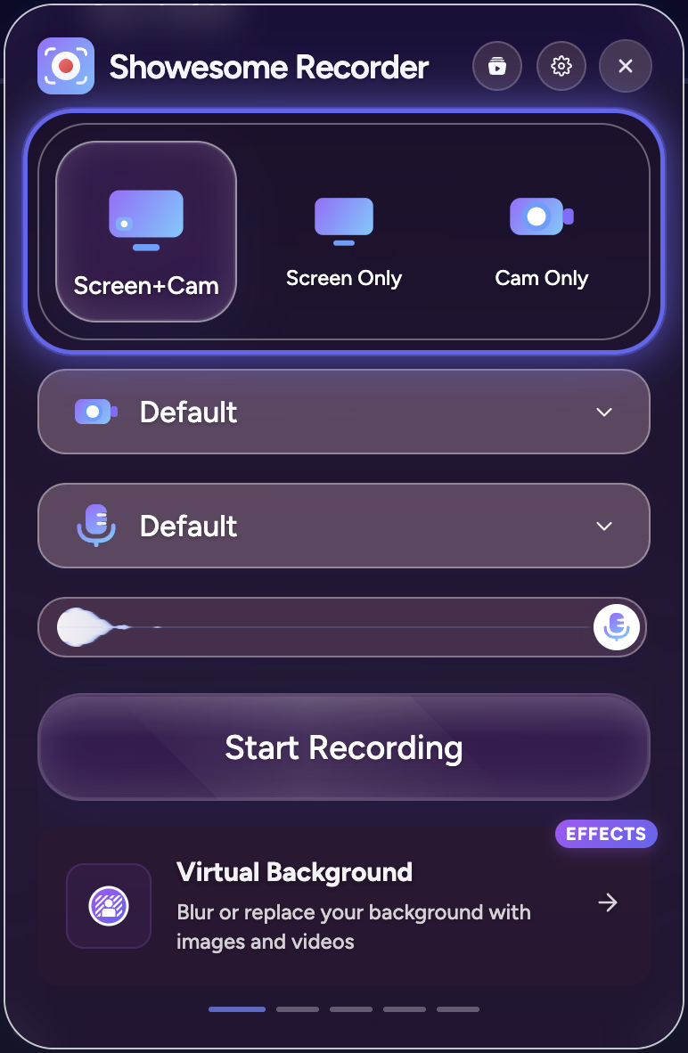 Screen + Camera selected before a demo recording